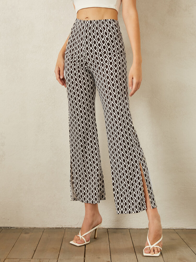 Pantalon taille élastique à double fente et imprimé géométrique pour femme