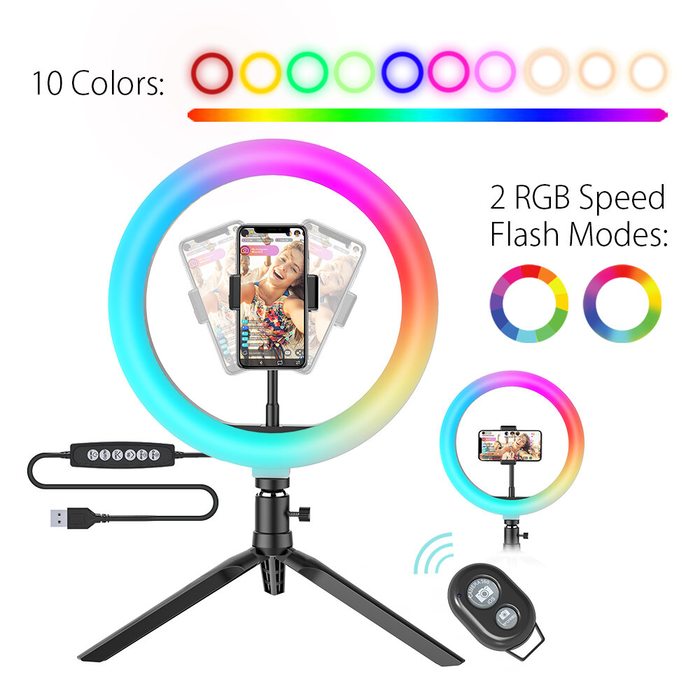 

10Inch RGB LED Ring Light Dimmable Selfie Ring Lamp for YouTube Tiktok Live Stream Makeup With Tripod Phone Holder, Black
