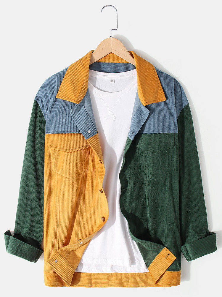 

Mens Designer Patchwork Colorblock Lapel Corduroy Jacket With Flap Pocket, Yellow