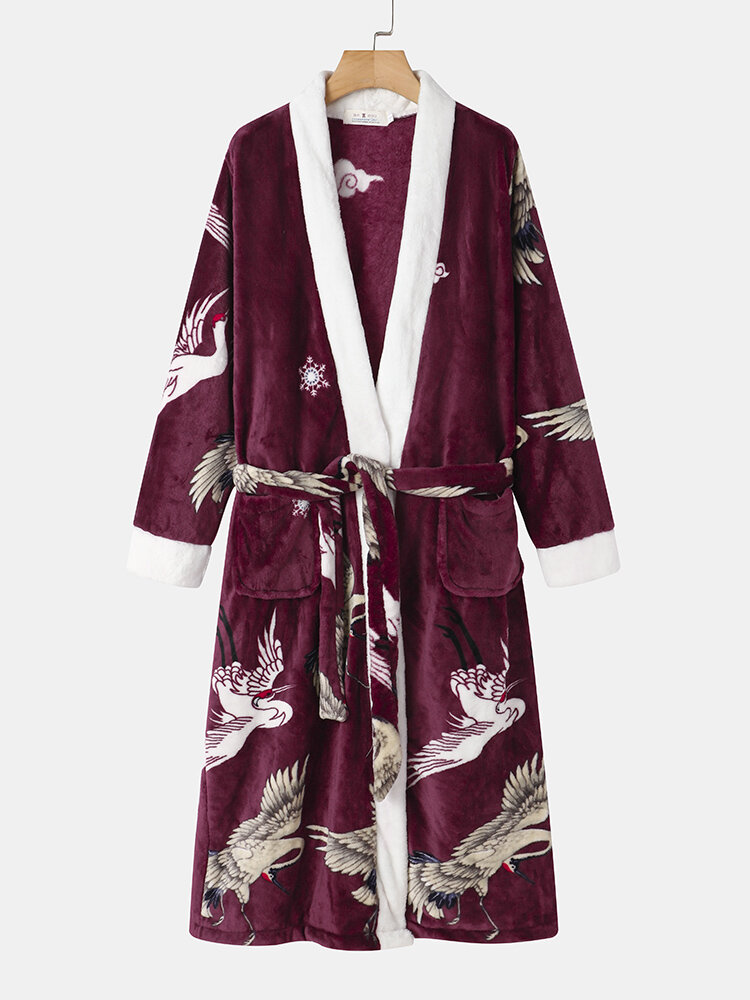 

Plus Size Crane Print V-Neck Flannel Long Sleeves Belt Robes Pajamas, Wine red;navy