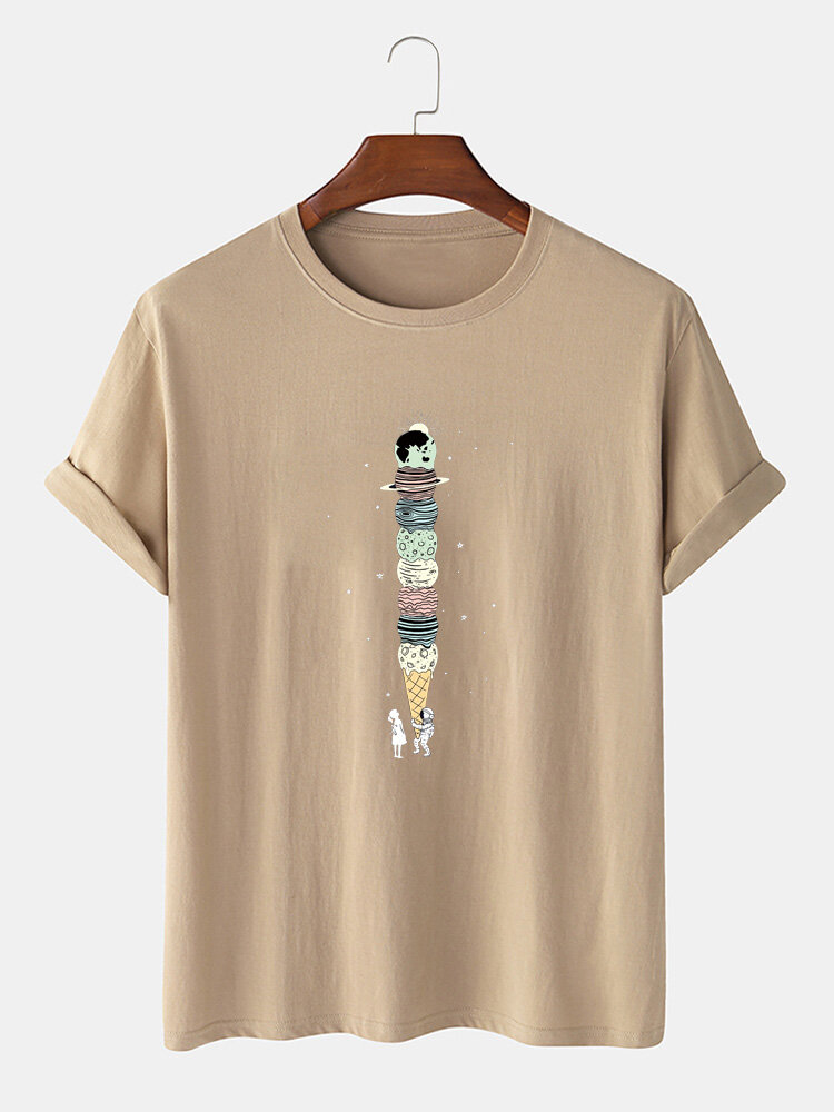Mens 100% Cotton Cartoon Planet Ice Cream Print Solid Color Light T-Shirts
