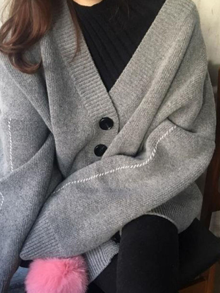 

Plain Button Knit Sweater Cardigan For Women, Grey