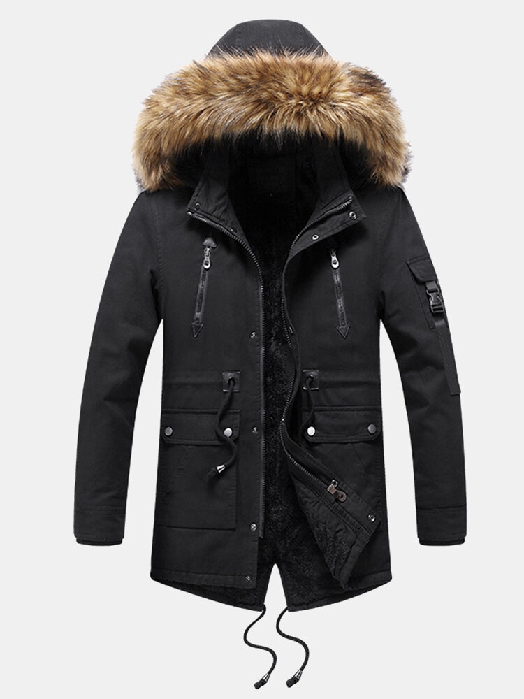 Mens Fleece Lined Winter Thicken Zip Detail Faux Fur Collar Hooded Coat