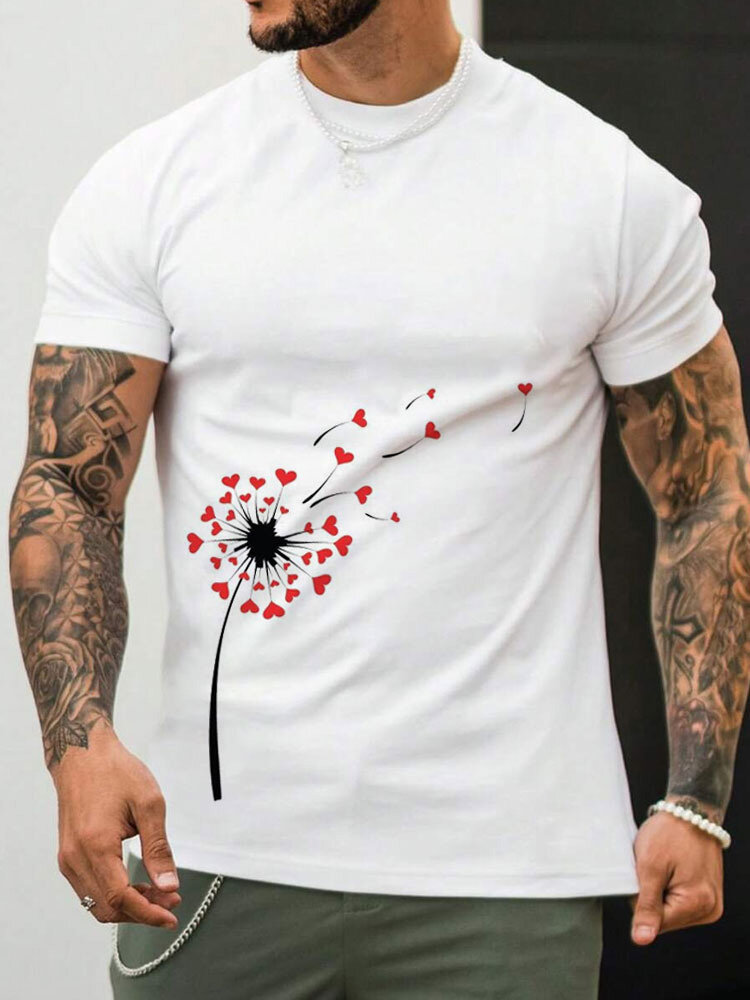 

Mens Heart Plant Print Valentine' Day Casual Short Sleeve T-Shirts Winter, White