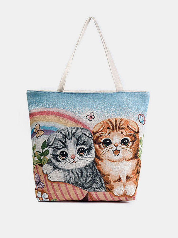 Canvas Cute Cat Pattern Tote Handbag Shoulder Bag For Women