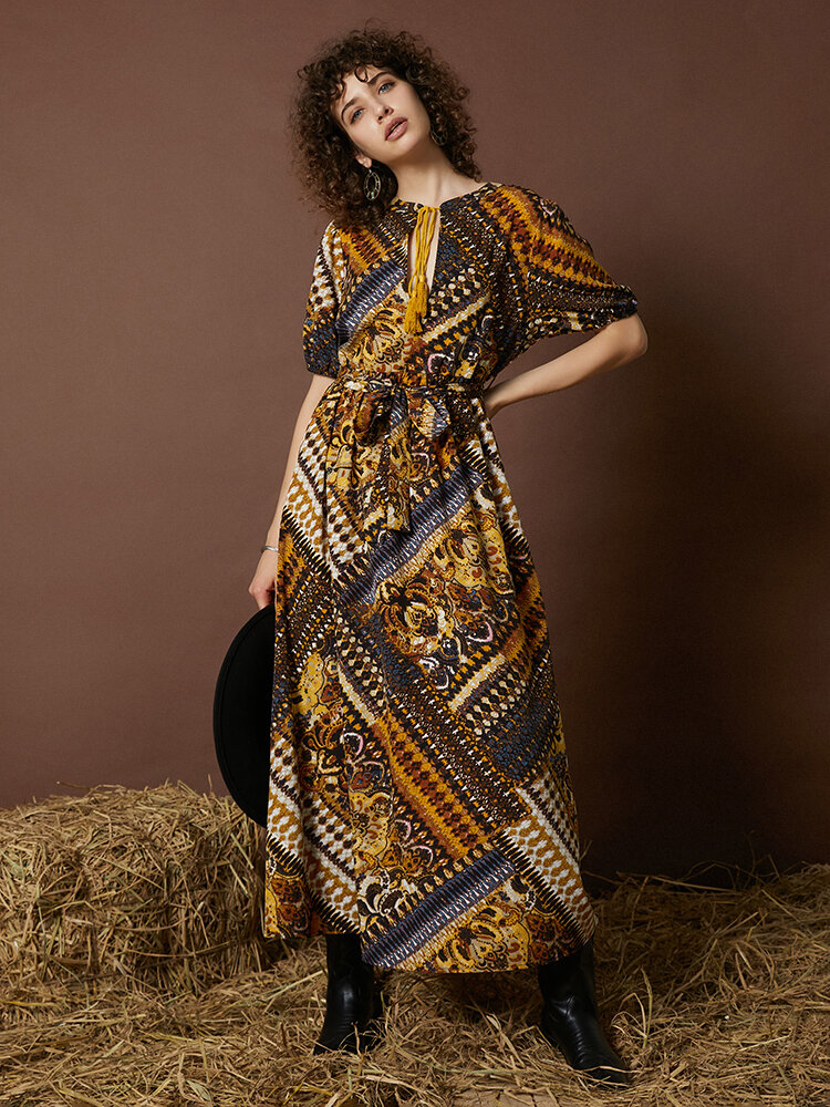 Retro Ethnic Pattern Bohemian Belt Lace Up Maxi Dress