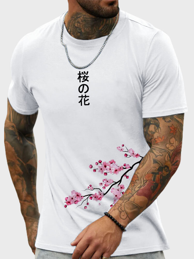 Mens Cherry Blossoms Japanese Print Knitted Short Sleeve T-Shirts