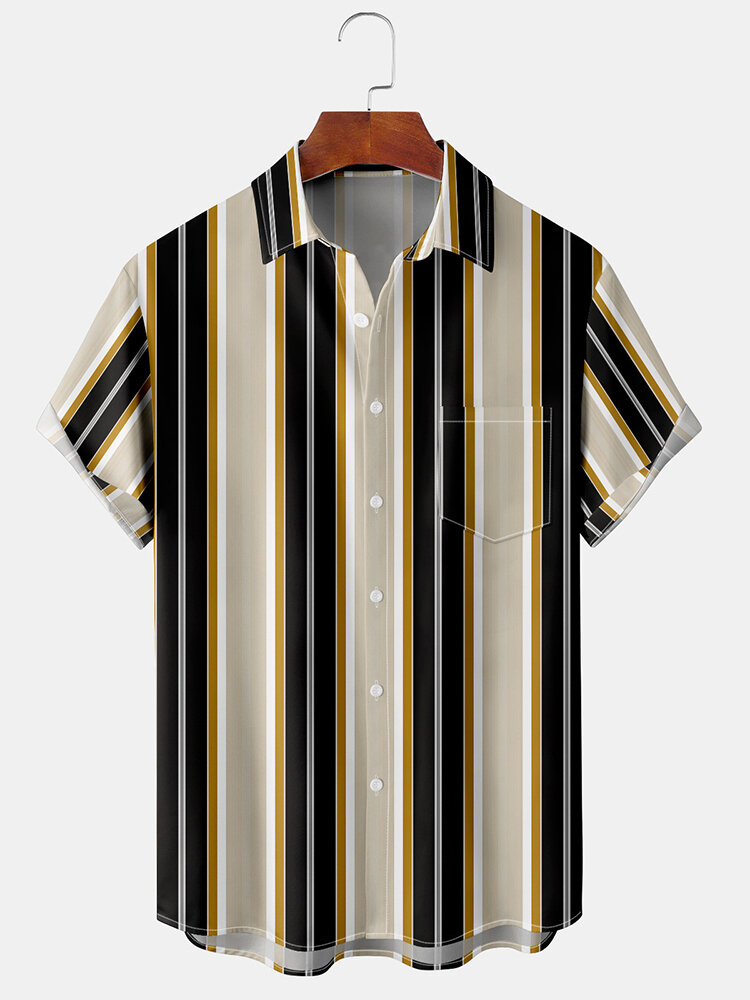 Mens Vertical Striped Print Button Up Preppy Short Sleeve Shirts