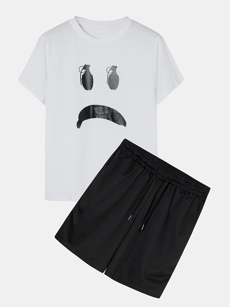 Mens Facial Expression Graphic Casual Sets Short Sleeve T-Shirt Drawstring Shorts
