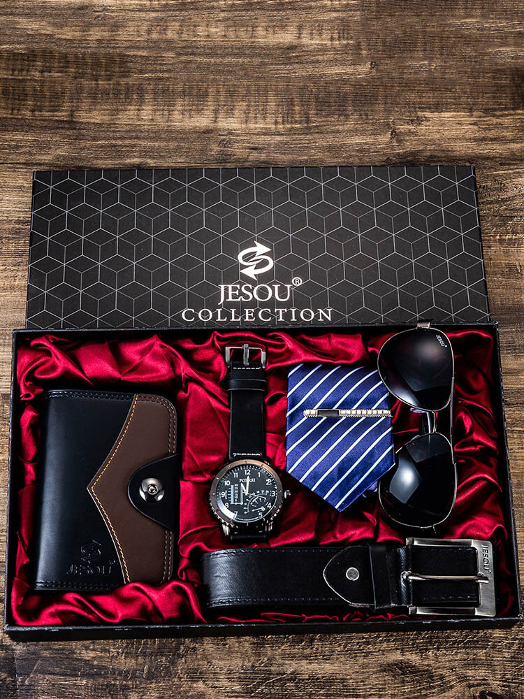 5 Pcs Men Business Watch Set Chronograph Quartz Watch Belt Wallet Glasses Tie Gift Kit Christmas Thanksgiving Gift