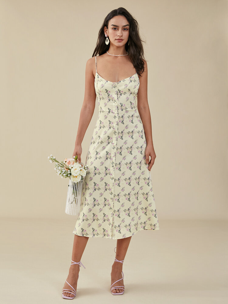Floral Print Slit Backless Strap Midi Dress For Women