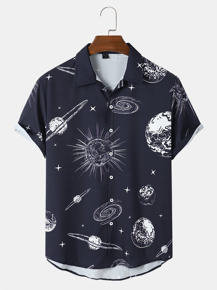 Mens Allover Planet Print Button High Low Hem Short Sleeve Shirts