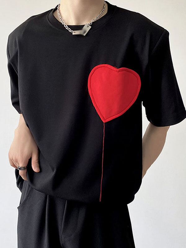 Mens Heart Patched Crew Neck Casual Short Sleeve T Shirt