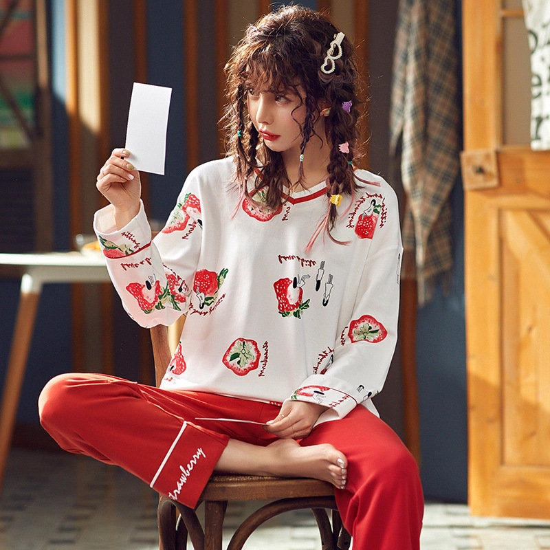 Pajamas Long-sleeved Cotton Thin Section Sweet Strawberry Two-piece Suit