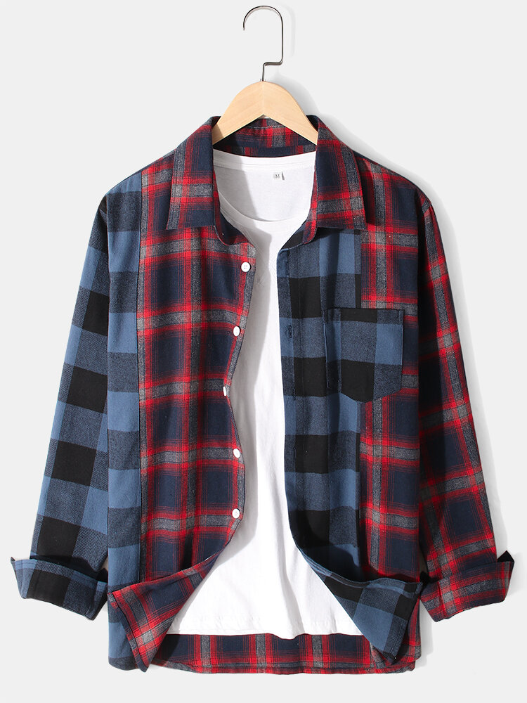 Mens Plaid Patchwork Daily Relaxed Fit Lapel Long Sleeve Shirts