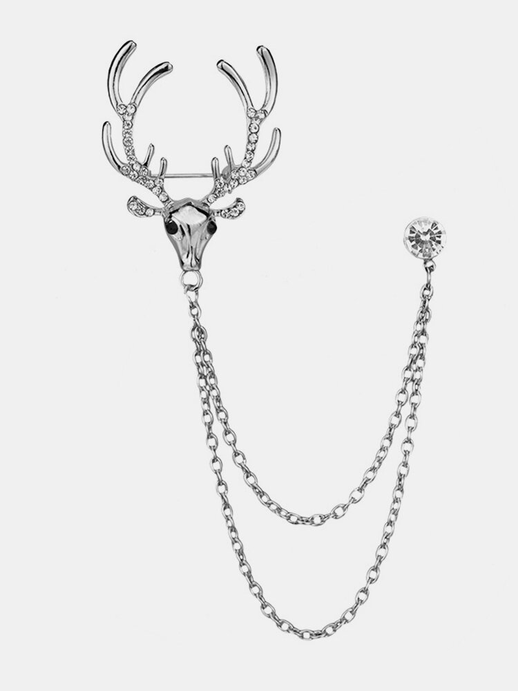 Fashion Elk Pins Animals Sliver Gold Plated Rhinestone Chain Tassles Brooches Pins Cute Jewelry 