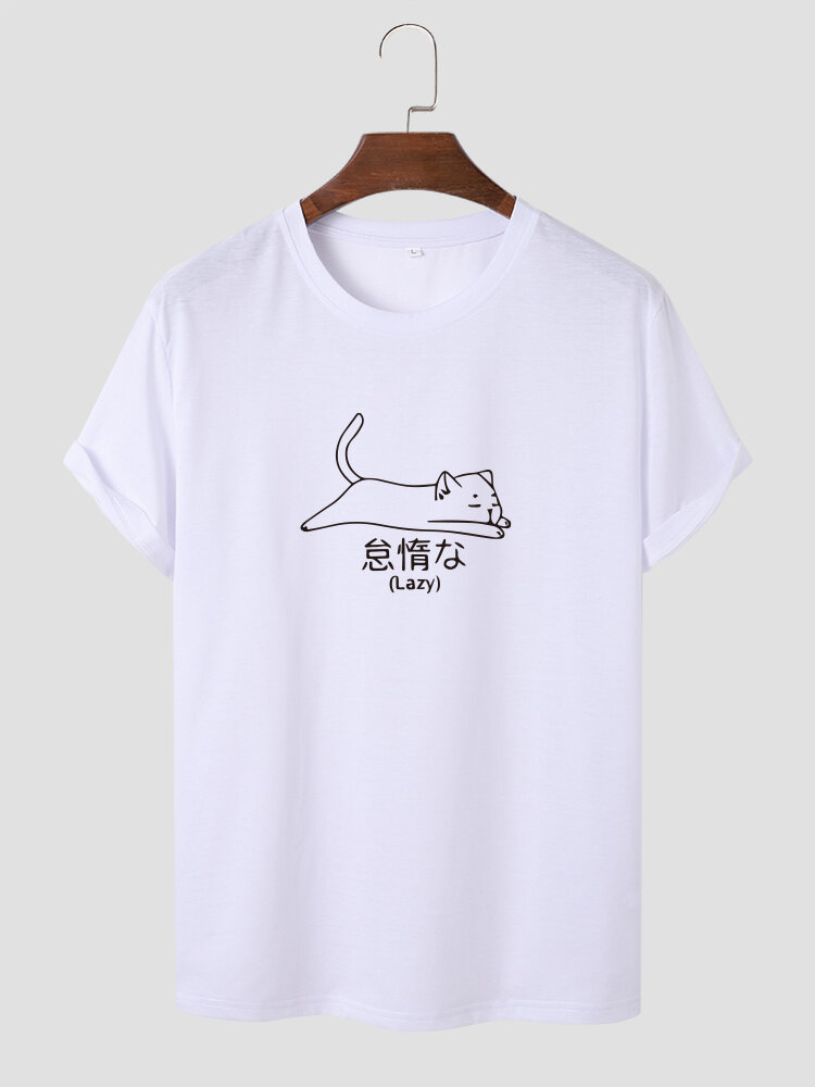 Mens Lazy Cat Japanese Print Daily Short Sleeve T-Shirts