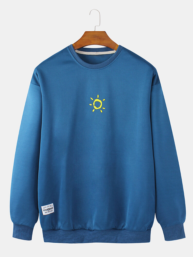 Mens Cotton Sun Print Applique Casual Crew Neck Sweatshirts