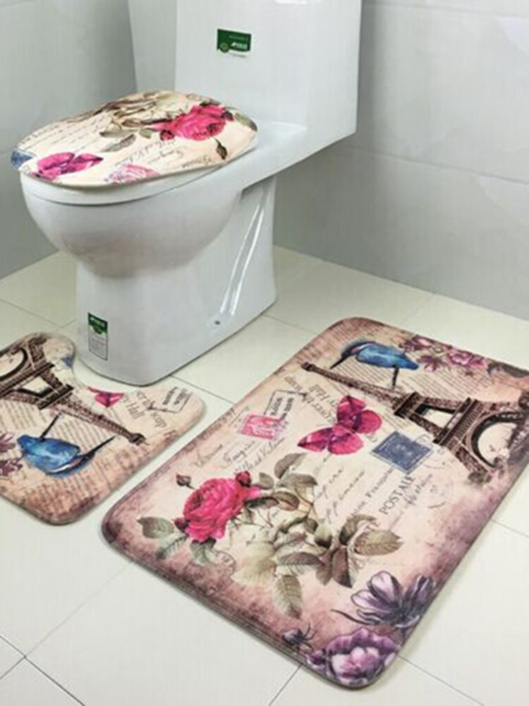  3Pcs Bathroom Anti-Skid Toilet Seat Cover Rug Coral Velvet Mats Living Room Home Decor