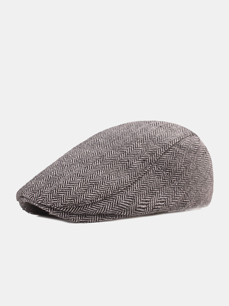 Men Cotton Herringbone Pattern Warmth Casual Forward Hat Beret Flat Cap