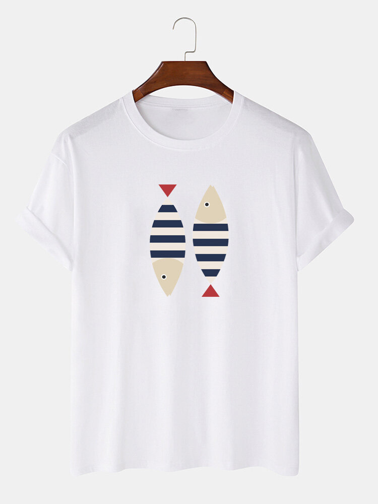 Mens 100% Cotton Sea Soul Striped Fish Printed Casual Short Sleeve T-shirts