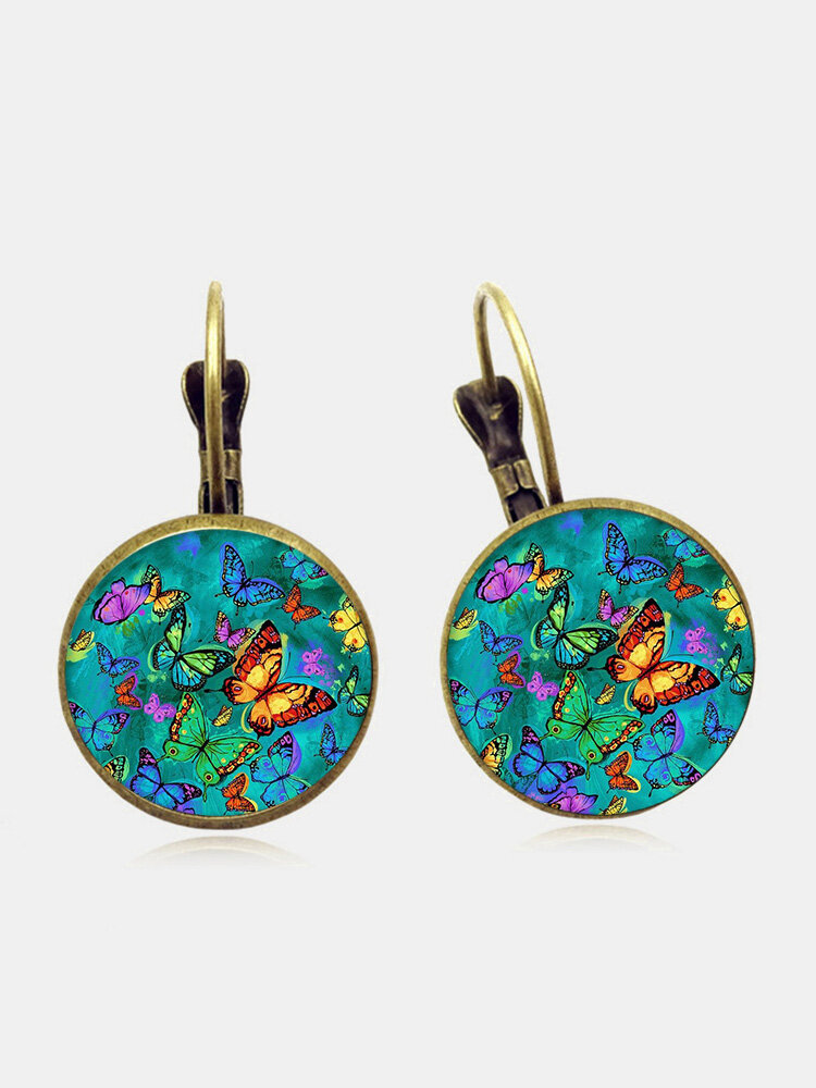 Vintage Geometric Round Alloy Glass Colorful Butterfly Pattern Print Earrings