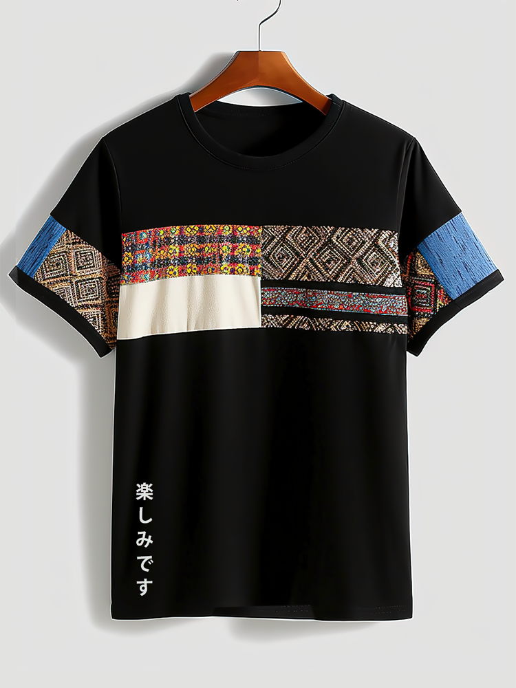 Herren-T-Shirts mit ethnischem Muster, Patchwork und japanischem Aufdruck, kurzärmelig