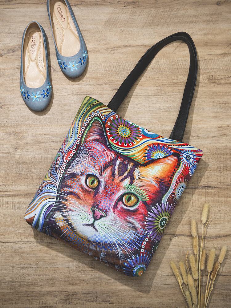 Women Abstract Colorful Cat Pattern Print Shoulder Bag Handbag Tote