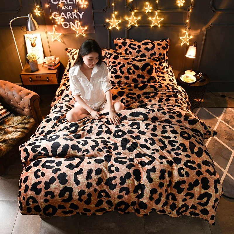 4pcs Flannel Coral Fleece Bedding Set Leopard Winter Queen King Size Duvet Quilt Cover Bed Sheet