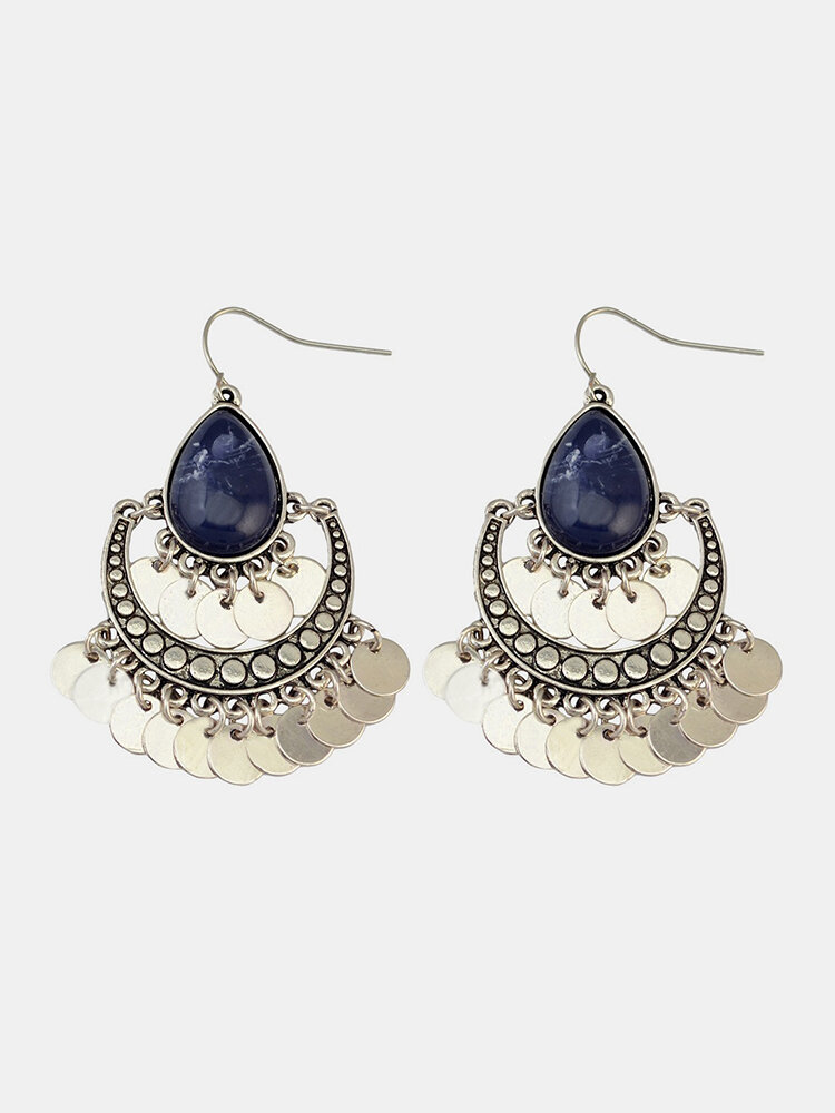 Boucles d'oreilles pendantes en argent bohème Boucles d'oreilles en alliage de pierres précieuses Glands Géométrie Boucles d'oreilles pour les femmes