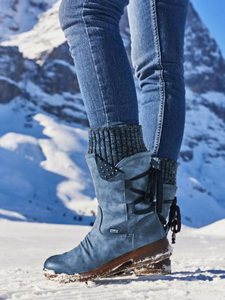 Large Size Women Winter Snow Strappy Block Heel Mid Calf Boots