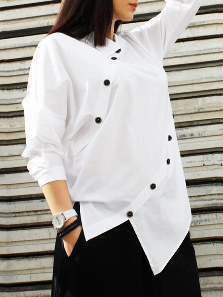 Damen-Hemd mit unregelmäßigem Knopfdesign, einfarbig, langärmelig