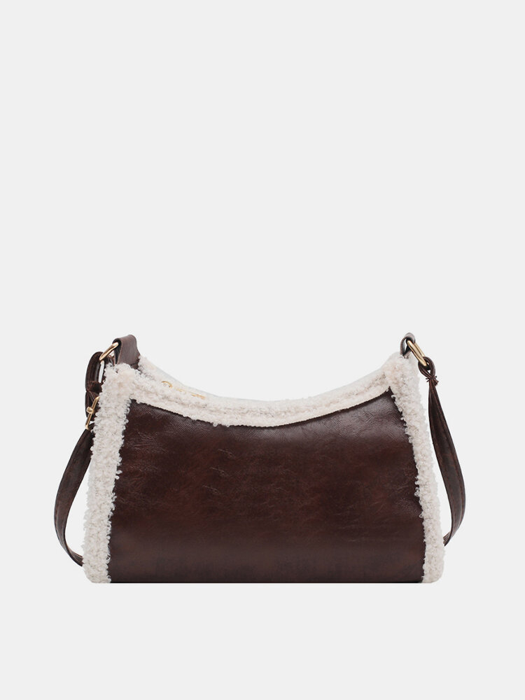 Women PU Leather Plush Patchwork Shoulder Bag Handbag