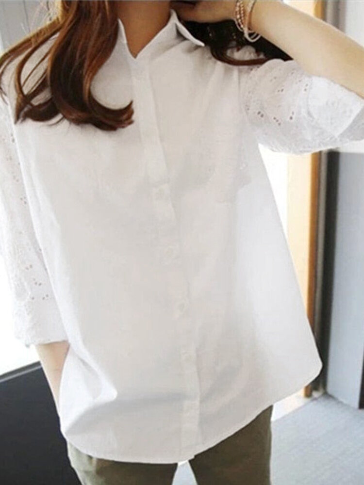 Women Lace Patchwork Lapel Button Front Long Sleeve Shirt