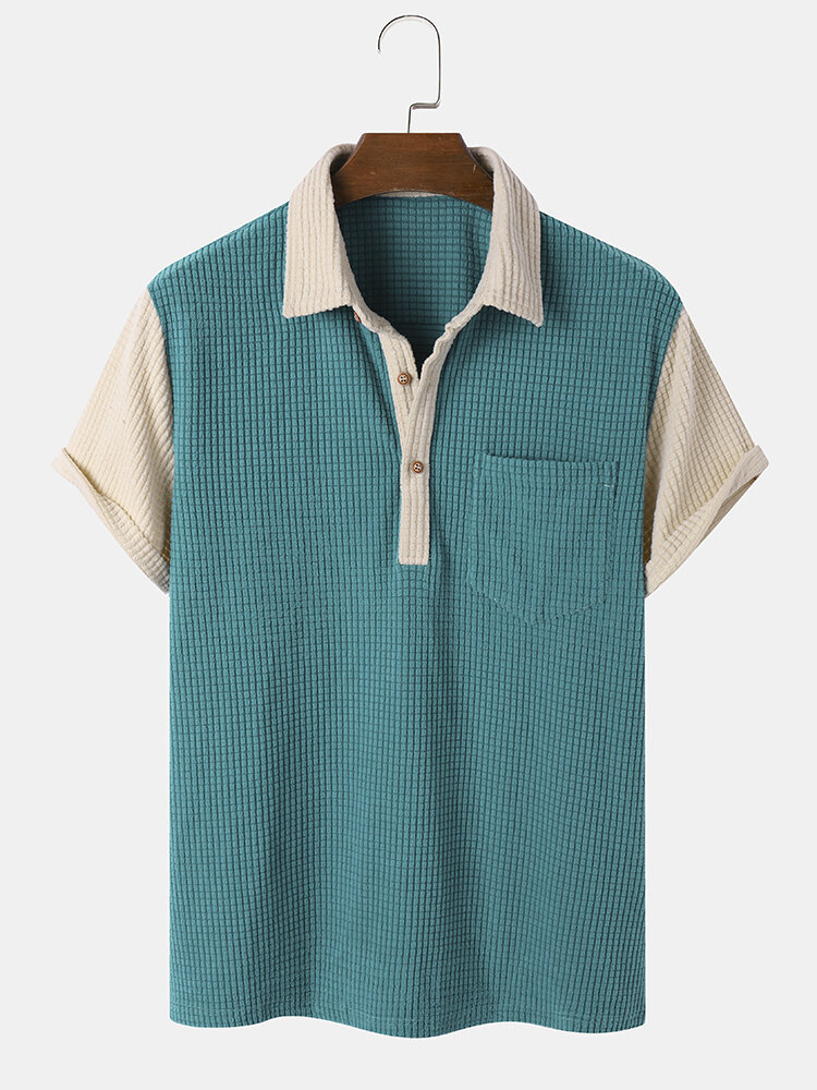 Mens Contrast Patchwork Texture Preppy Short Sleeve Golf Shirts With Pocket