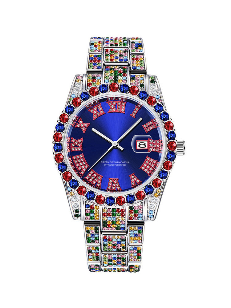 8 Colors Trendy Hip Hop Men Colorful Full Rhinestone Alloy Calendar Pointer Decorative Quartz Watches