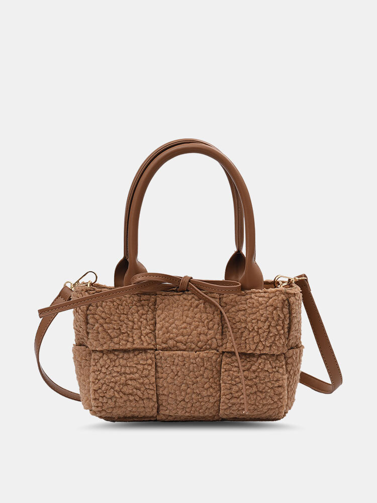 Women Dacron Fashion Plush Solid Color Weave Bowknot Crossbody Bag Handbag Tote