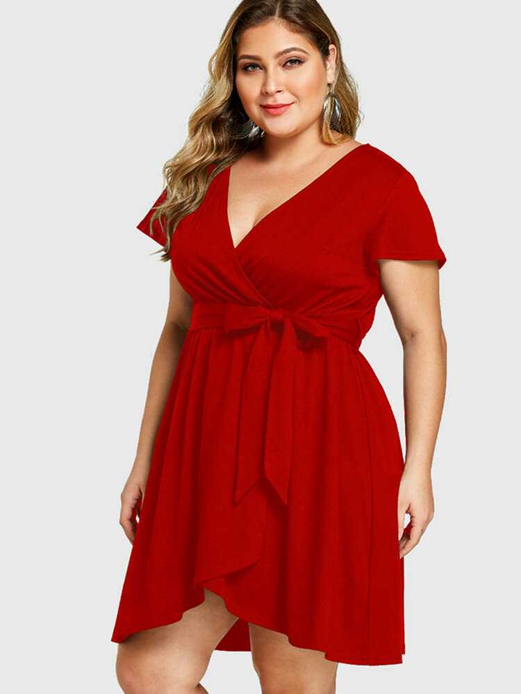 Asymmetrical V-neck Knotted Short Sleeve Plus Size Casual Dress