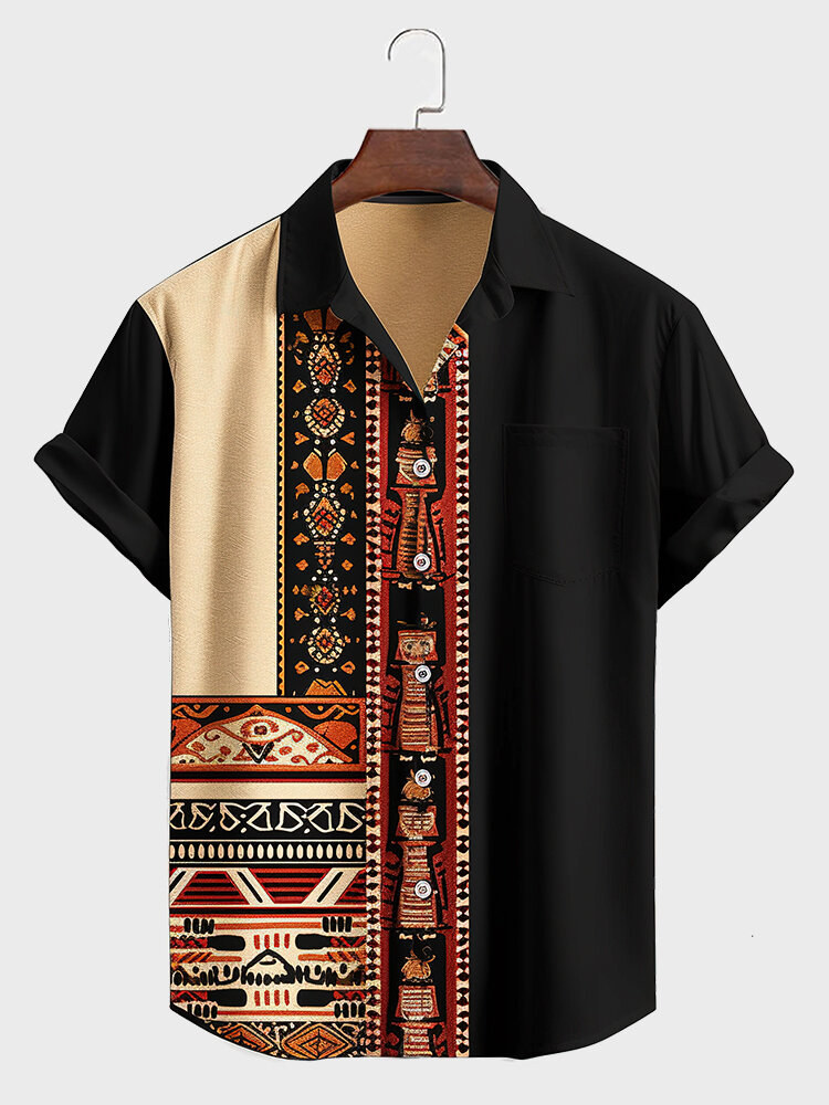 

Mens Ethnic Totem Print Patchwork Lapel Short Sleeve Shirts, Black