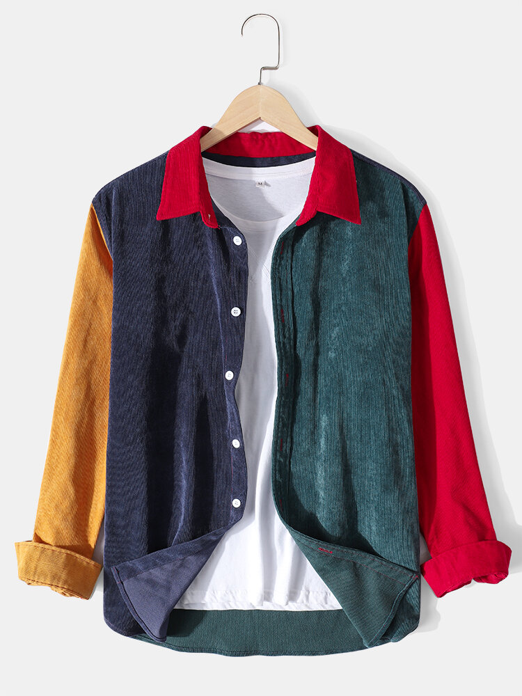 Mens Colorful Patchwork Button Up Lapel Long Sleeve Casual Shirt