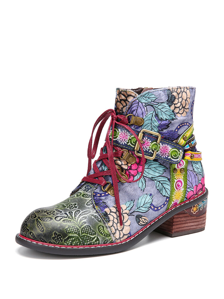 SOCOFY Cloth Floral Printed Leather Splicing Buckle Strap Decor Comfy Side Zipper Ankle Boots