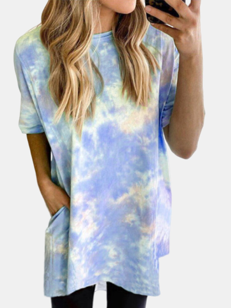 Tie-Dye Print Short Sleeves O-neck Casual T-shirt For Women