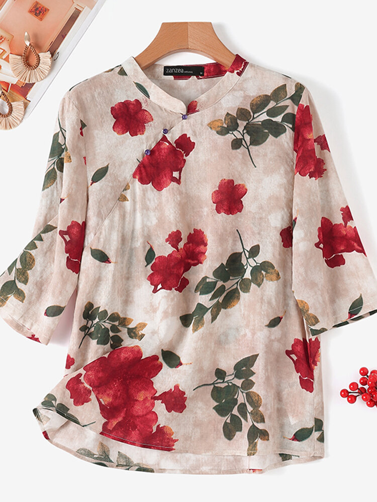 Women Floral Print Stand Collar Chinese Style 3/4 Sleeve Blouse