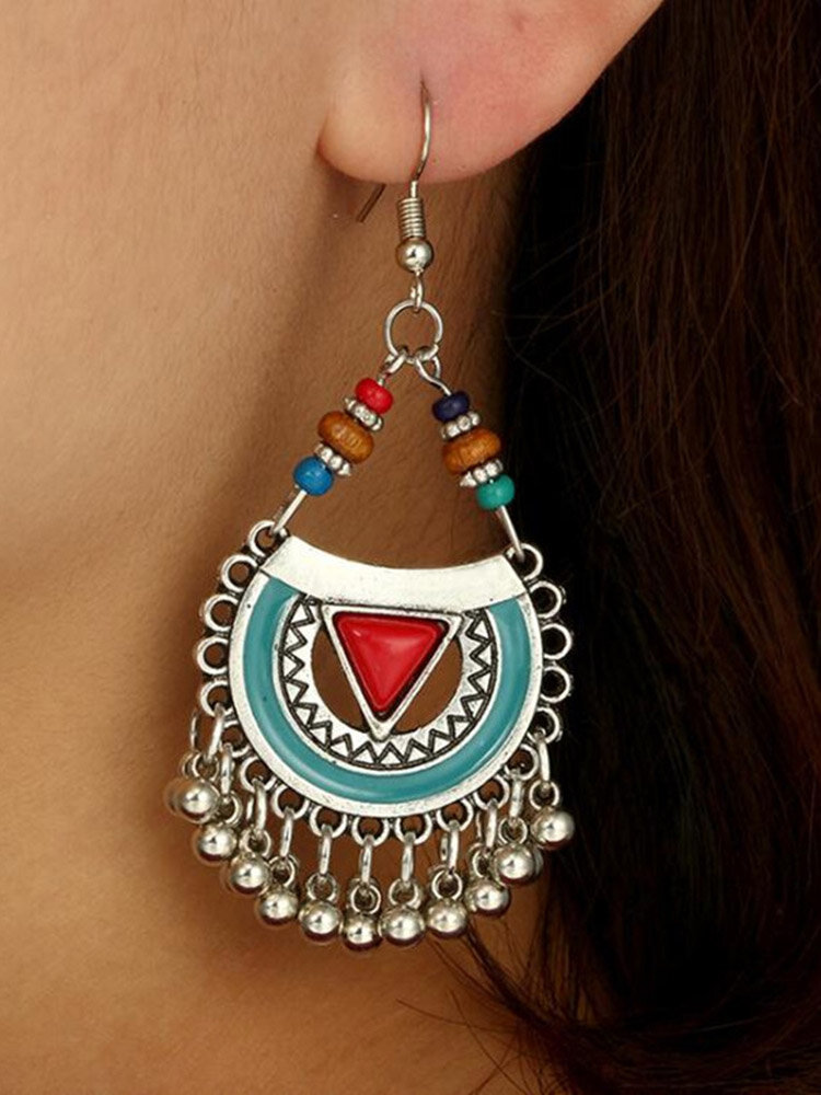 Vintage Geometric Hollow Half-round Tassel Pendant Earrings Turquoise Carved Beads Long Earrings