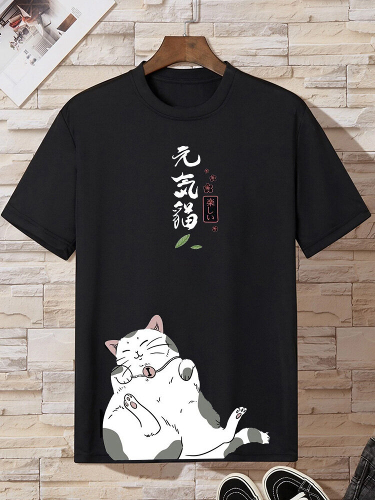 Mens Japanese Cartoon Cat Print Crew Neck Short Sleeve T-Shirts Winter