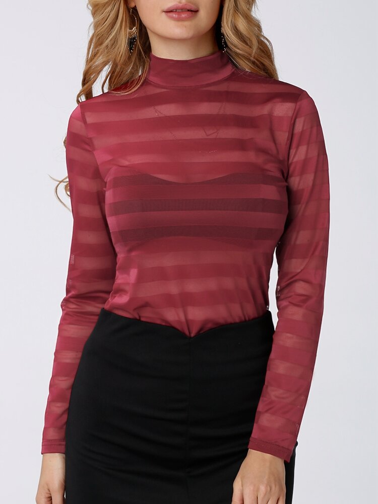 Sexy See-through Stripe Long Sleeves Turtleneck Women T-shirt
