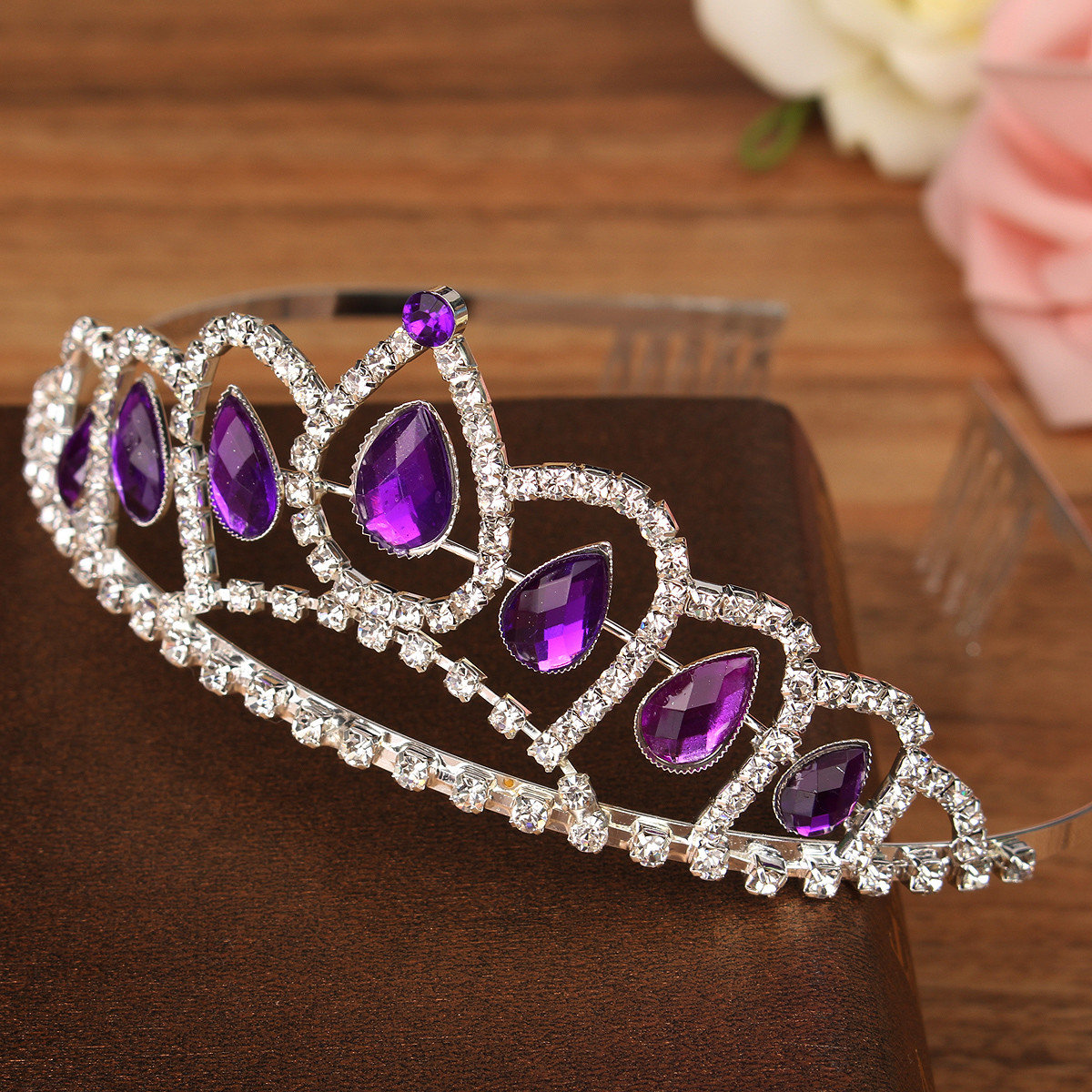 

Bride Purple Diamond Crystal Rhinestone Crown King Queen Tiara Wedding Party Headpiece With Comb