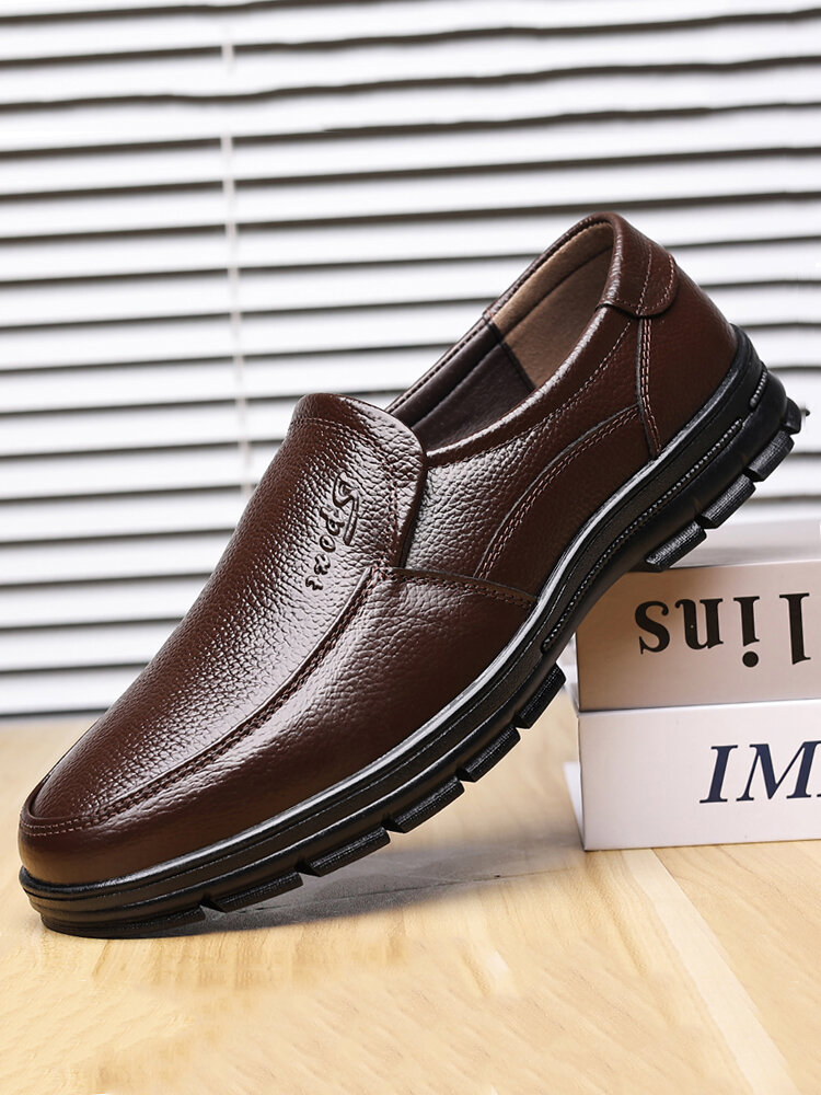 Men Pure Color Non Slip Cowhide Leather Business Casual Shoes