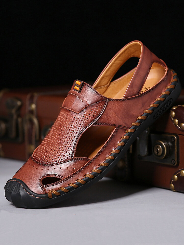 Menico Men Hand Stitching Closed Toe Outdoor Soft Leather Sandals