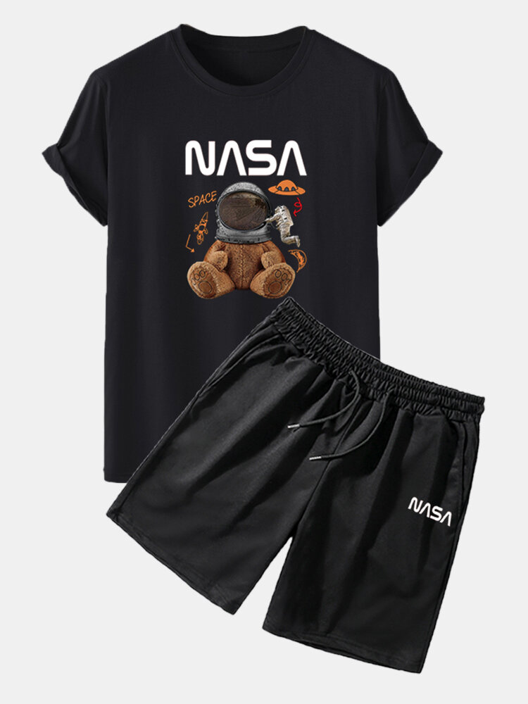 Mens Astronaut Bear Letter Print Crew Neck Short Two Pieces Outfits